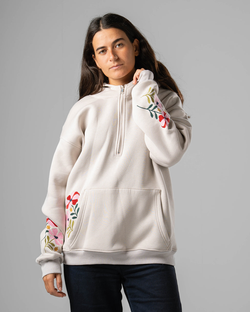 Beige Eternal Flowers Quarter-Zip Hoodie