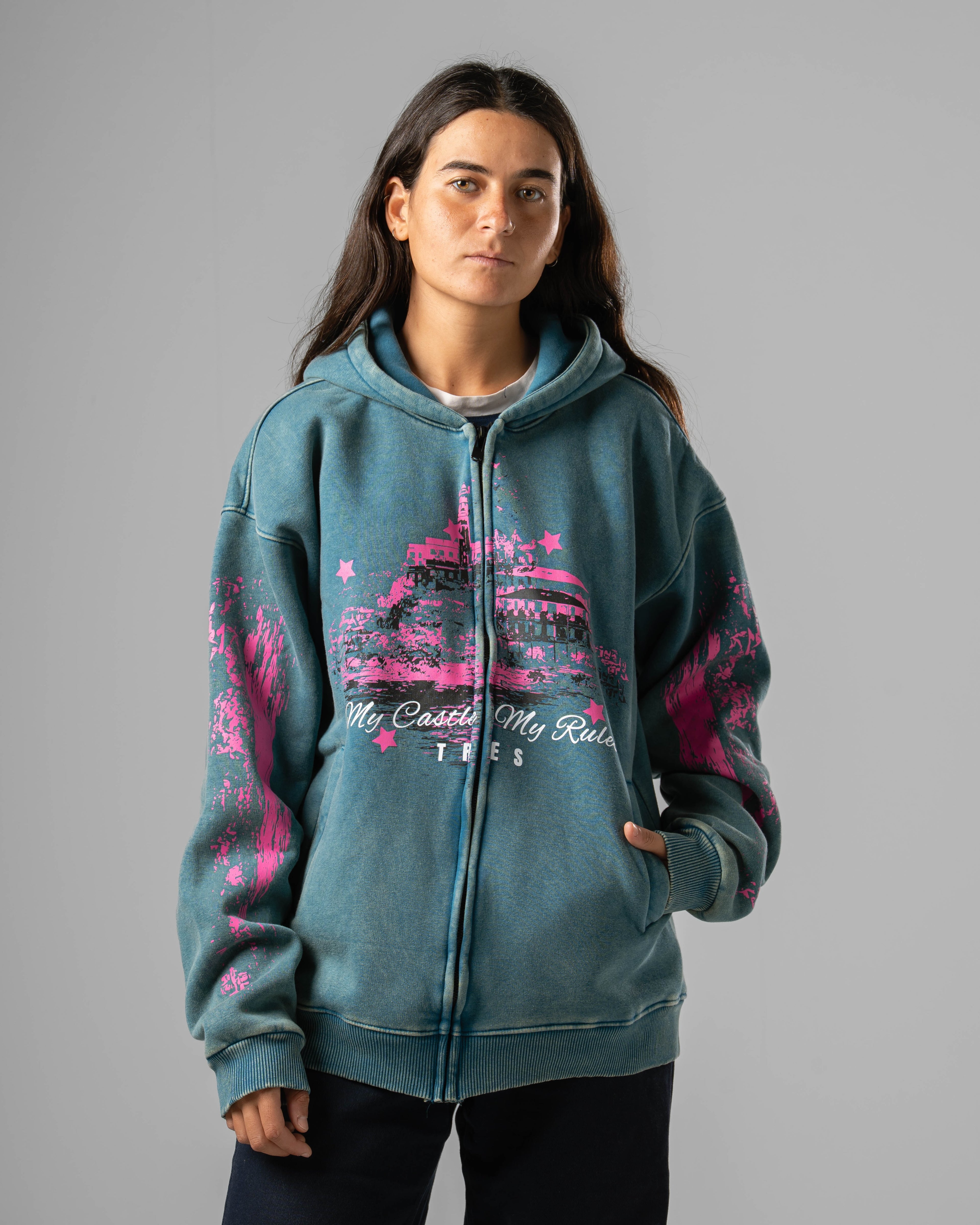 Washed Teal Castle Zip Hoodie