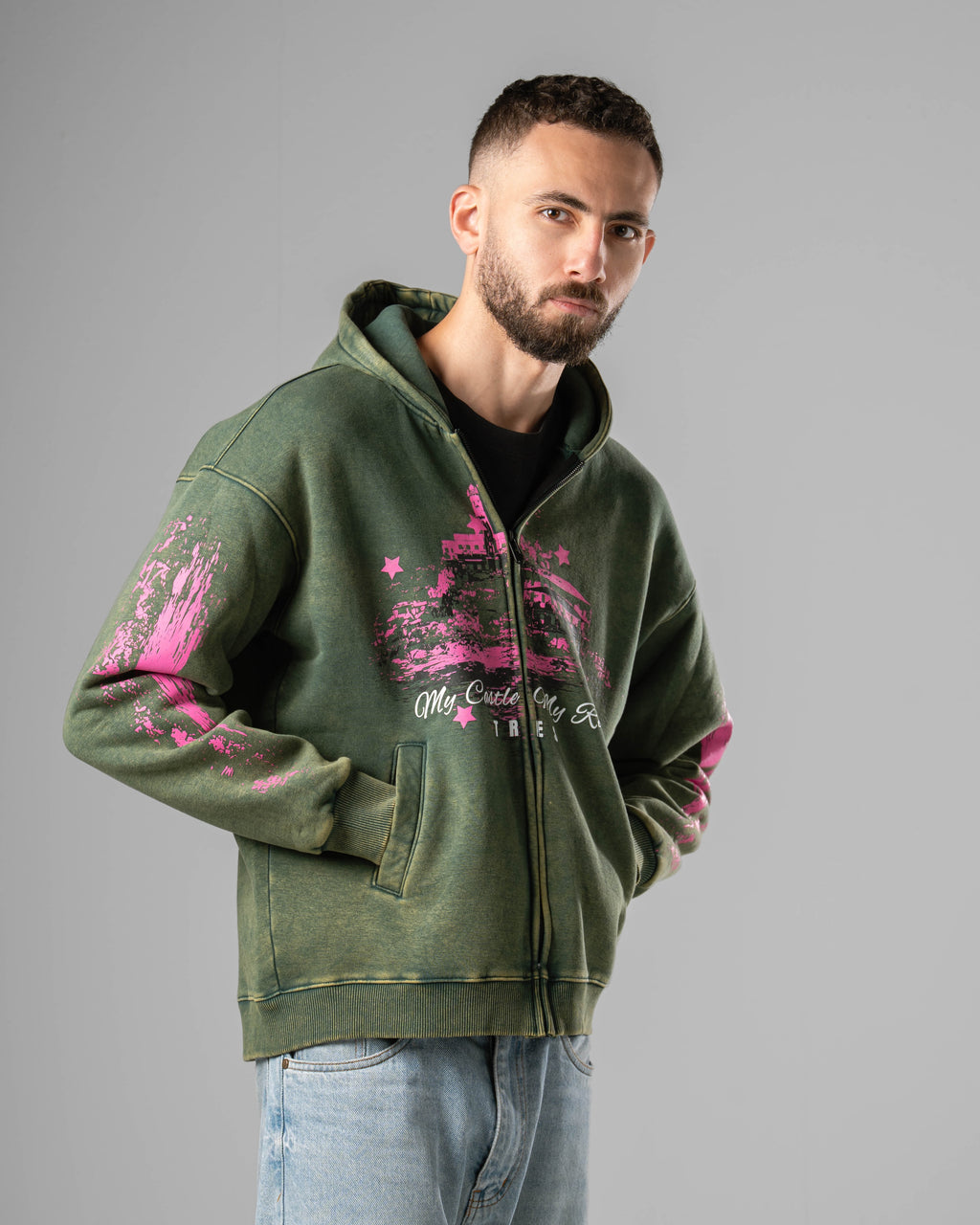 Washed Green Castle Zip Hoodie