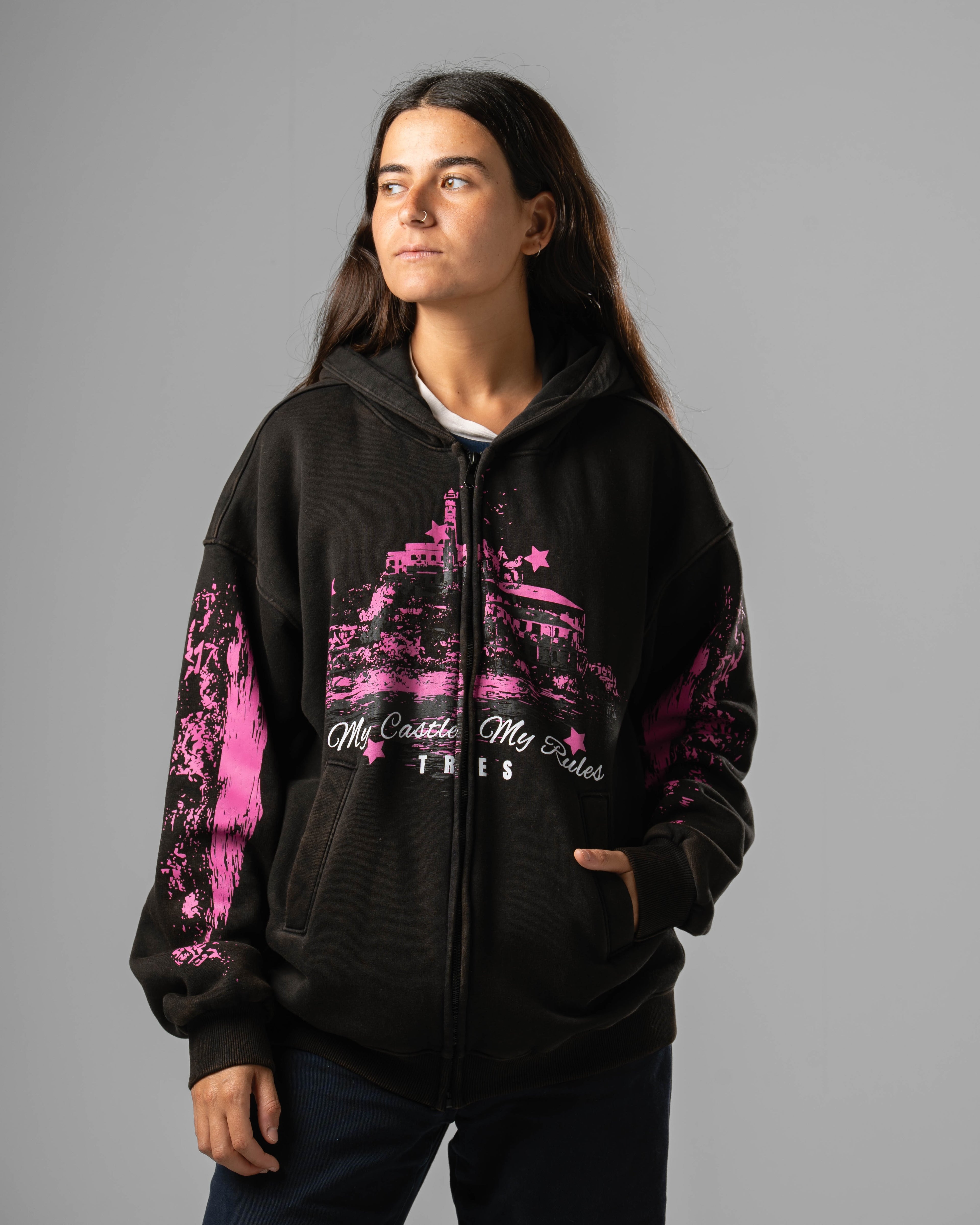 Washed Black Castle Zip Hoodie