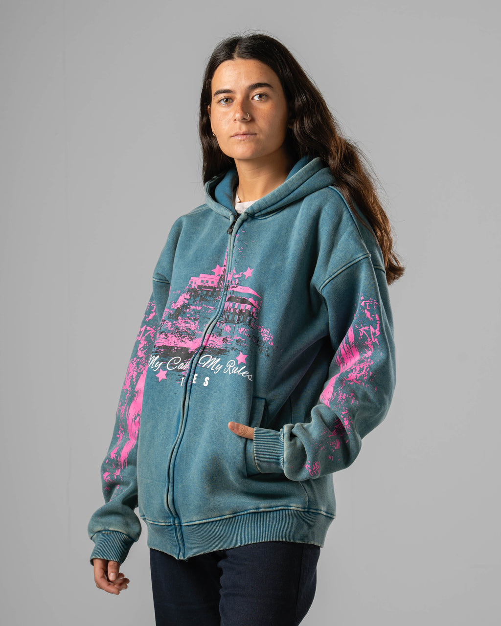 Washed Teal Castle Zip Hoodie