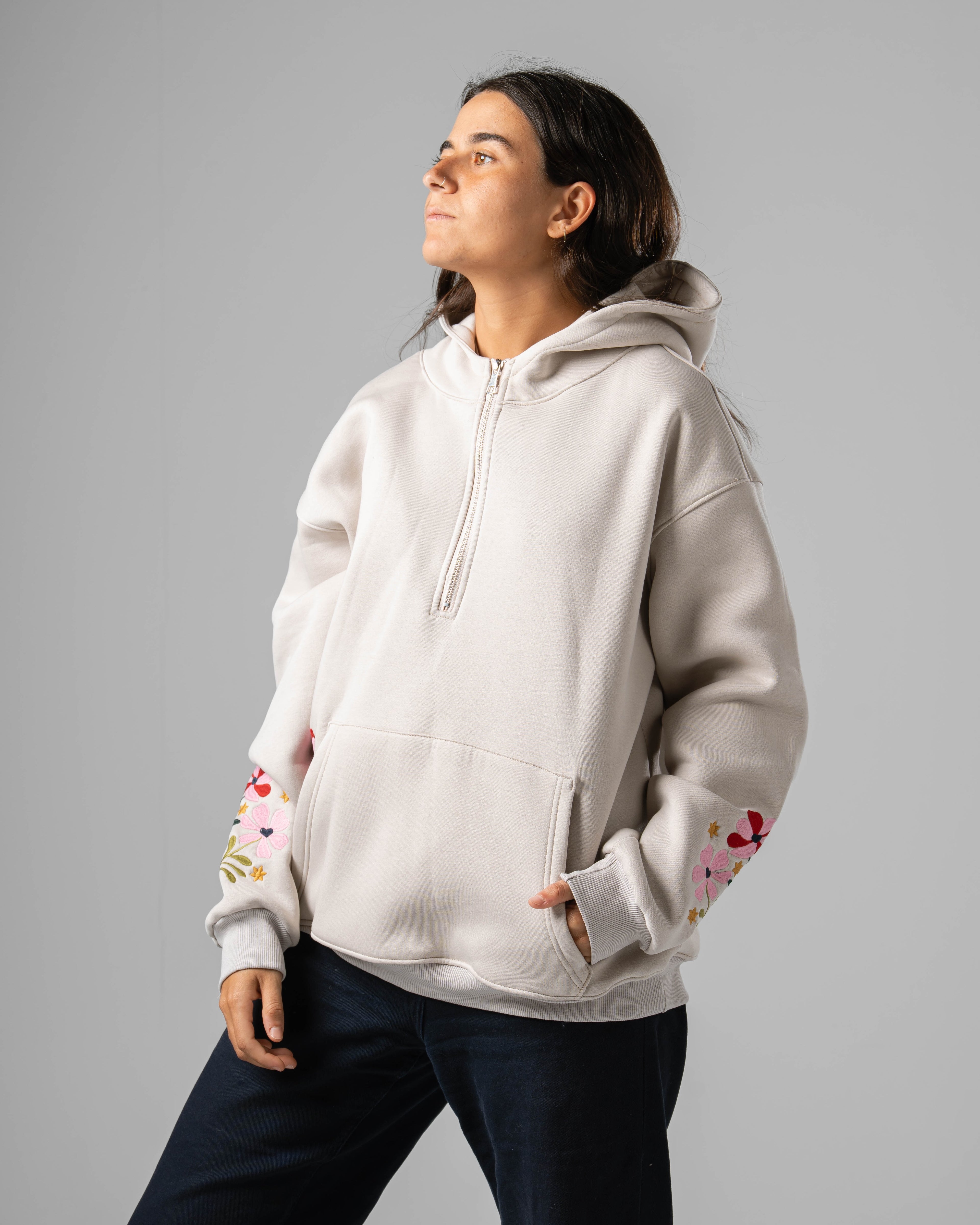 Beige Eternal Flowers Quarter-Zip Hoodie