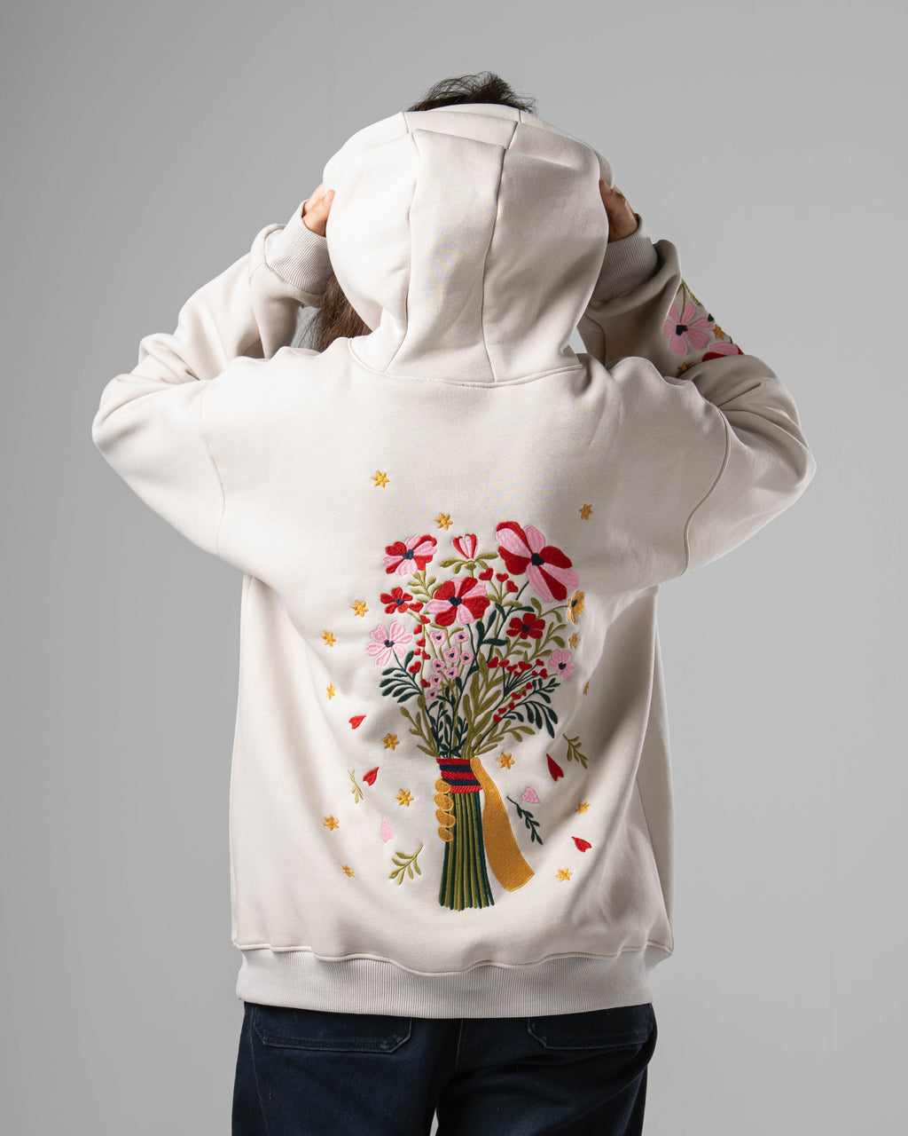 Beige Eternal Flowers Quarter-Zip Hoodie