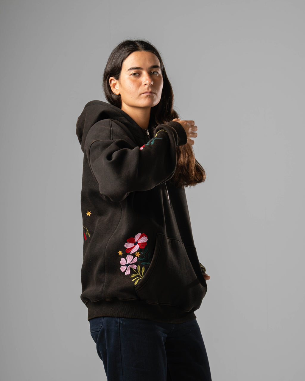Black Eternal Flowers Quarter-Zip Hoodie