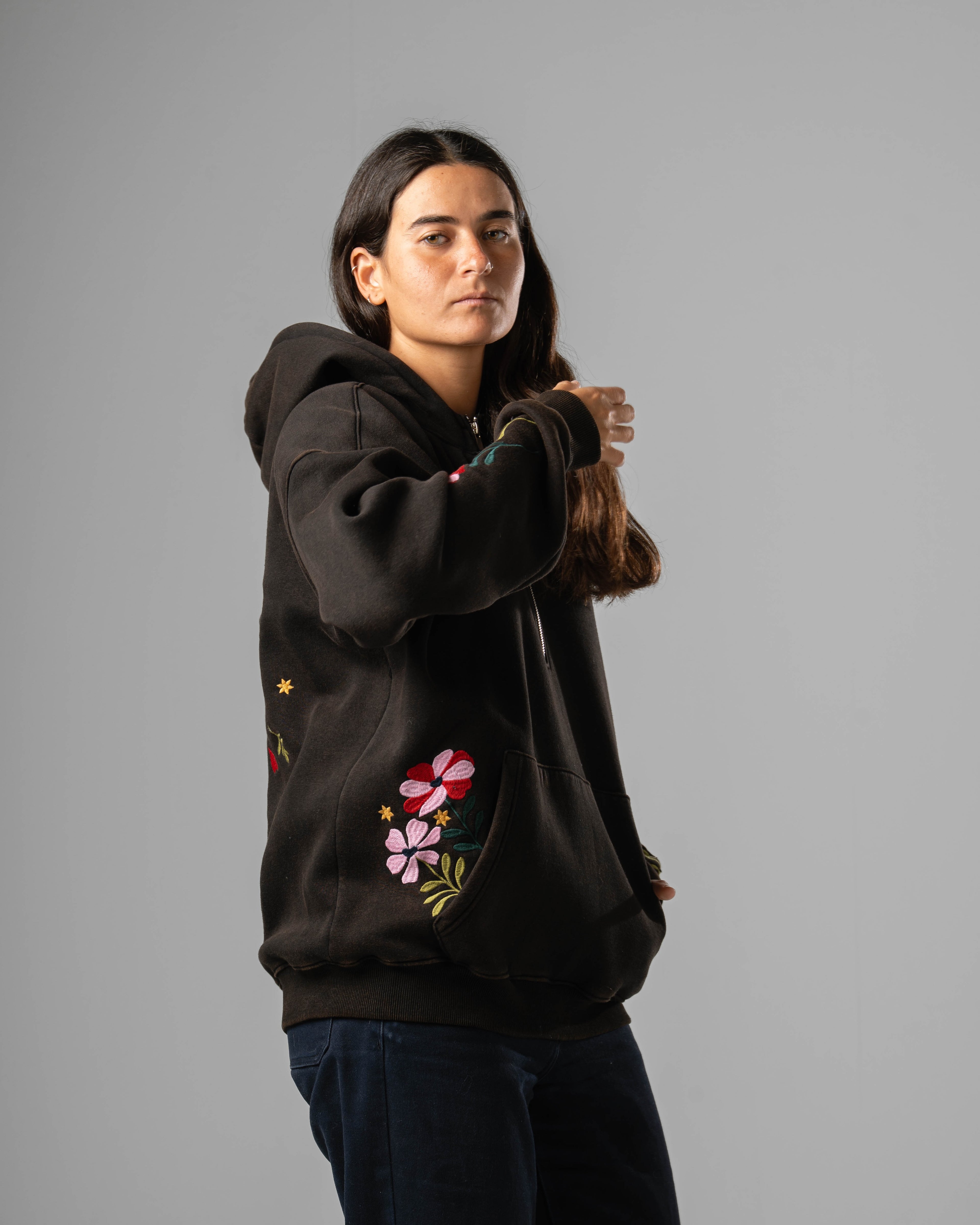 Black Eternal Flowers Quarter-Zip Hoodie