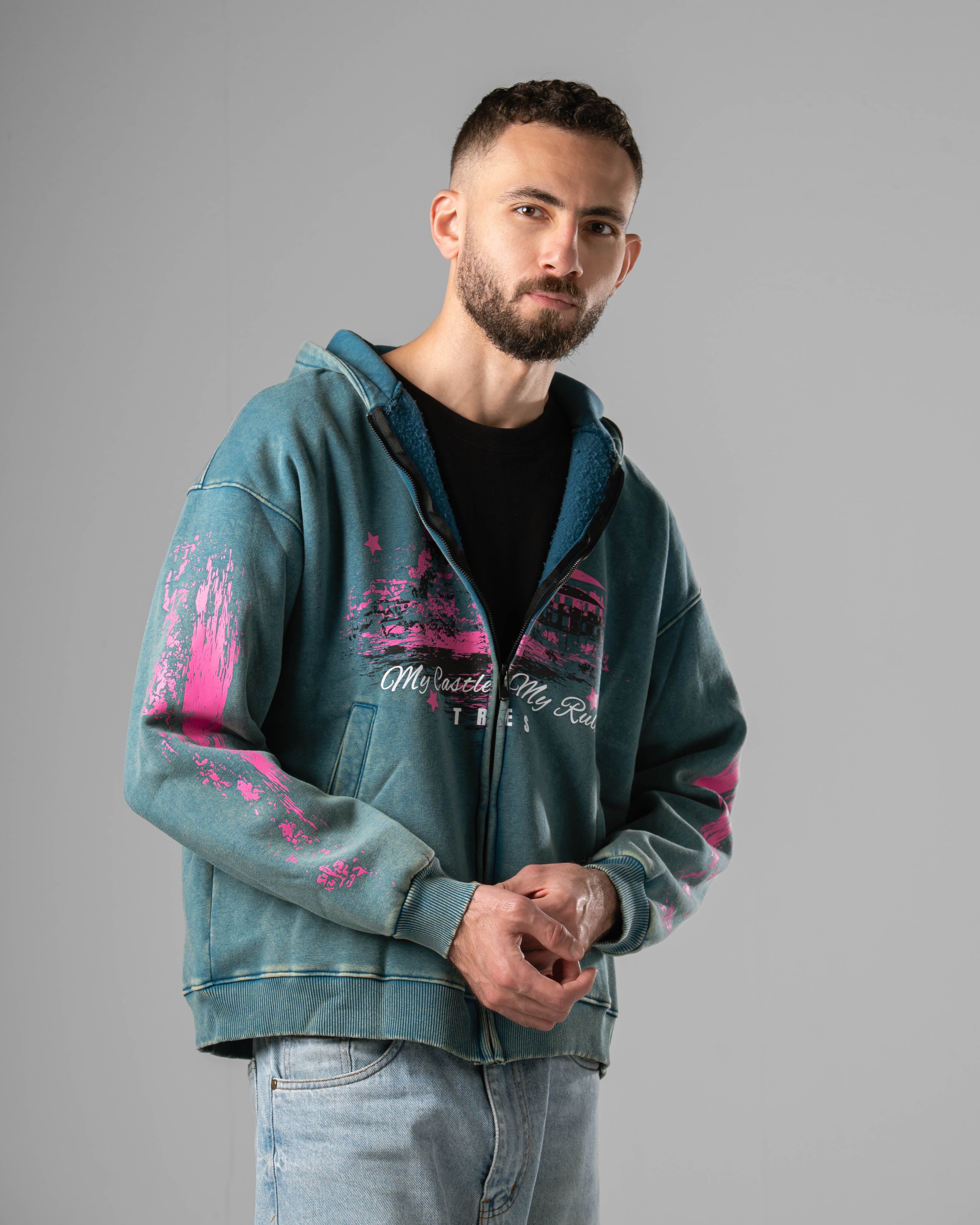 Washed Teal Castle Zip Hoodie