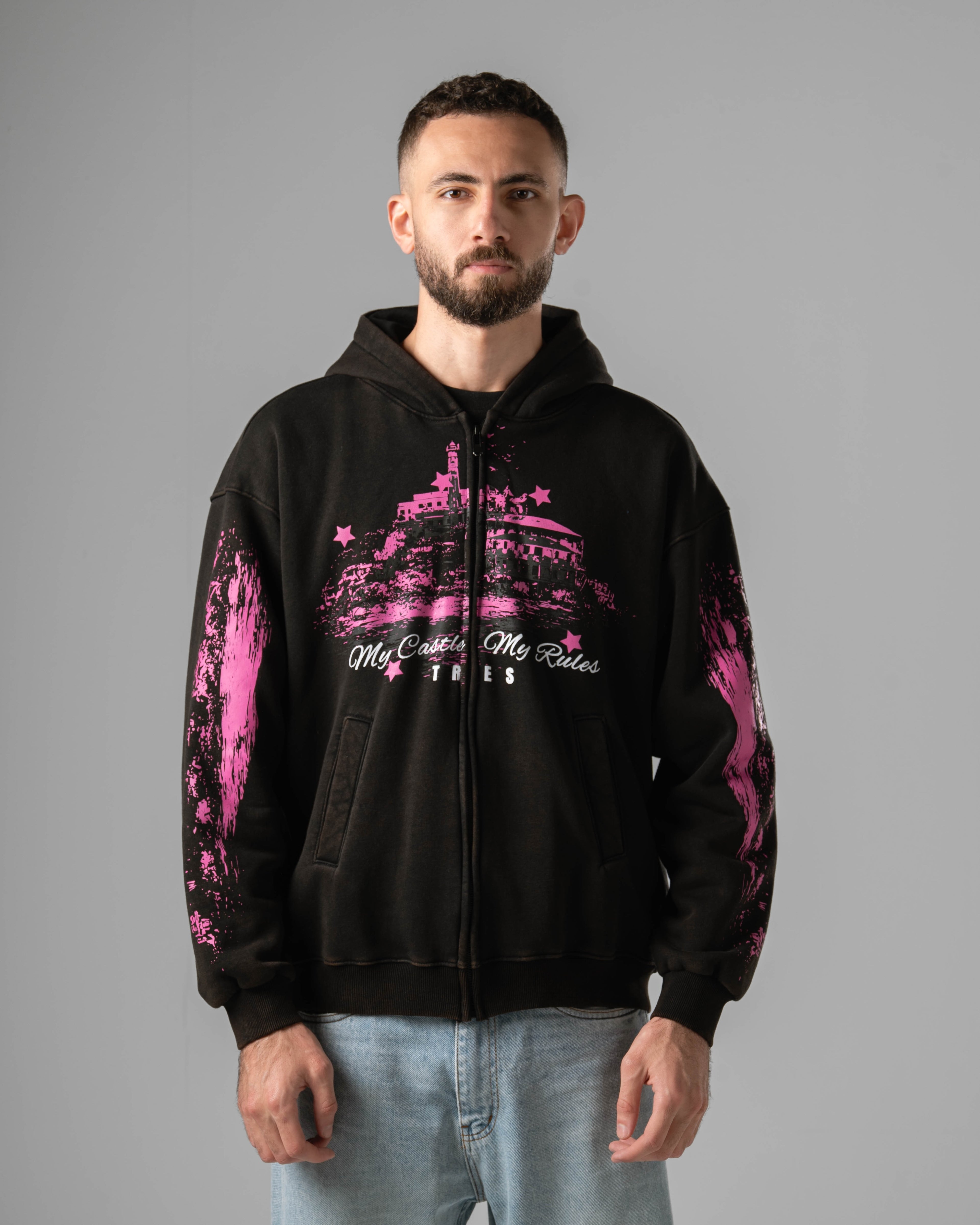 Washed Black Castle Zip Hoodie