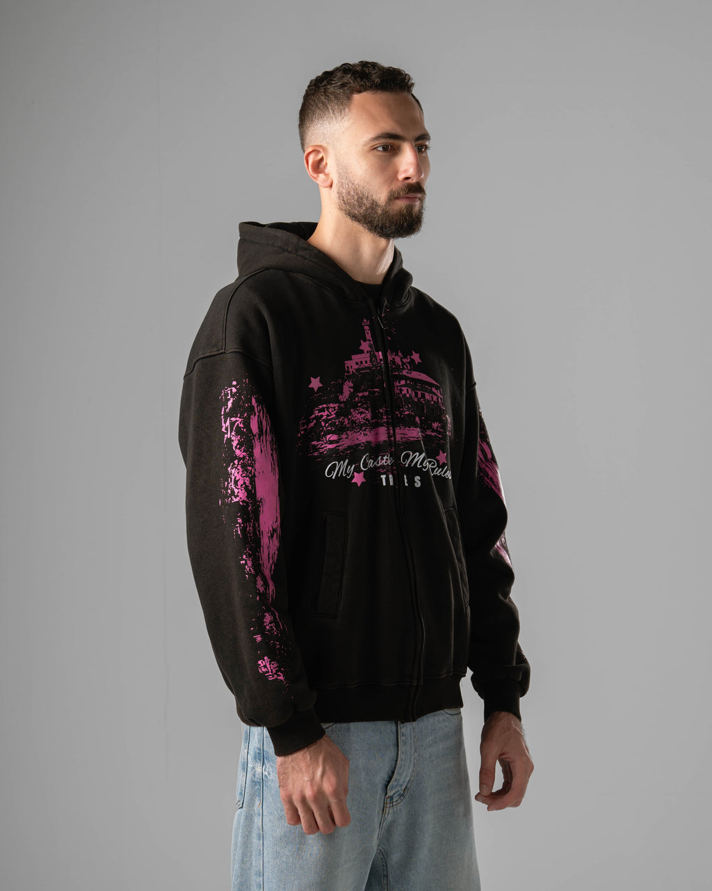 Washed Black Castle Zip Hoodie