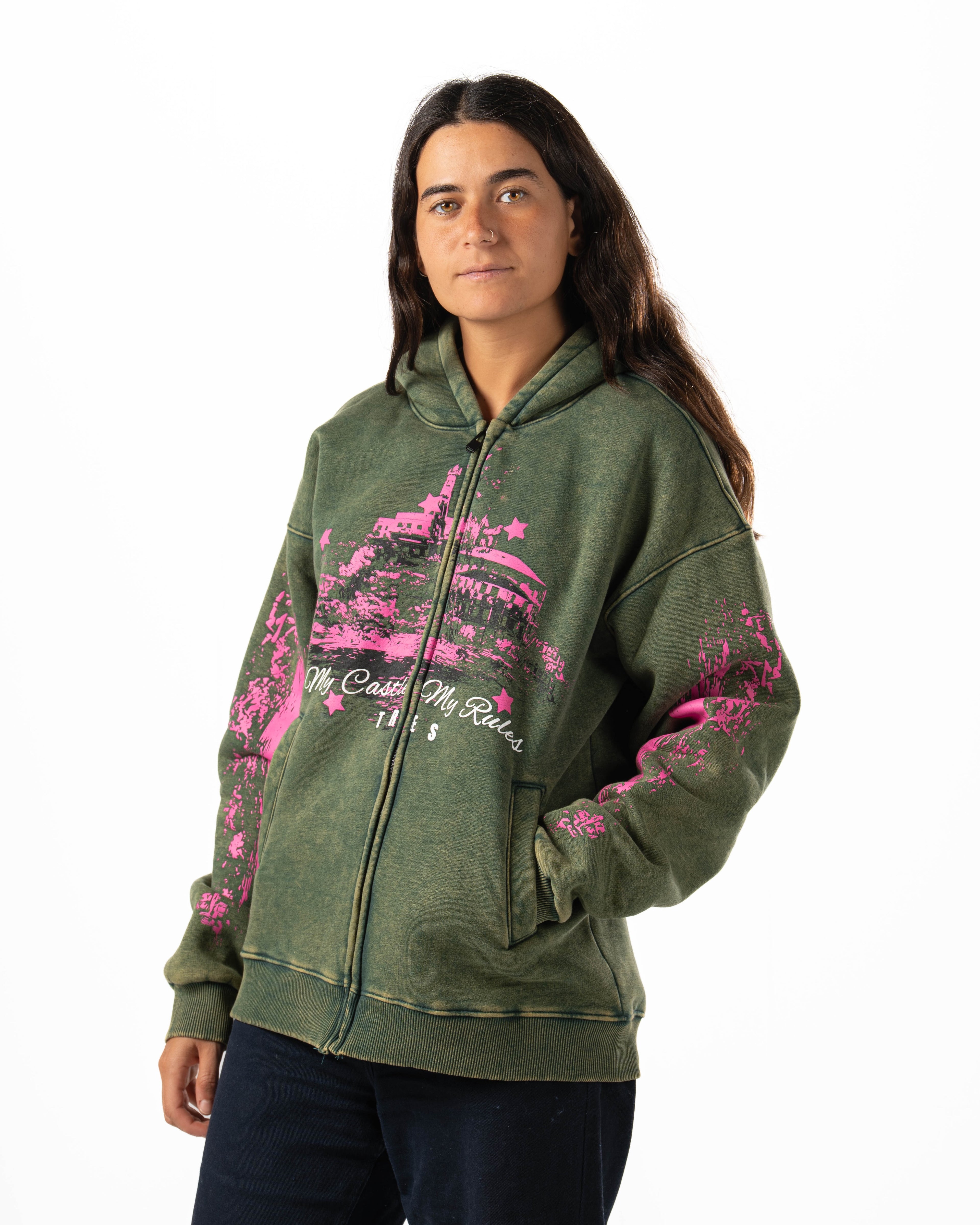 Washed Green Castle Zip Hoodie